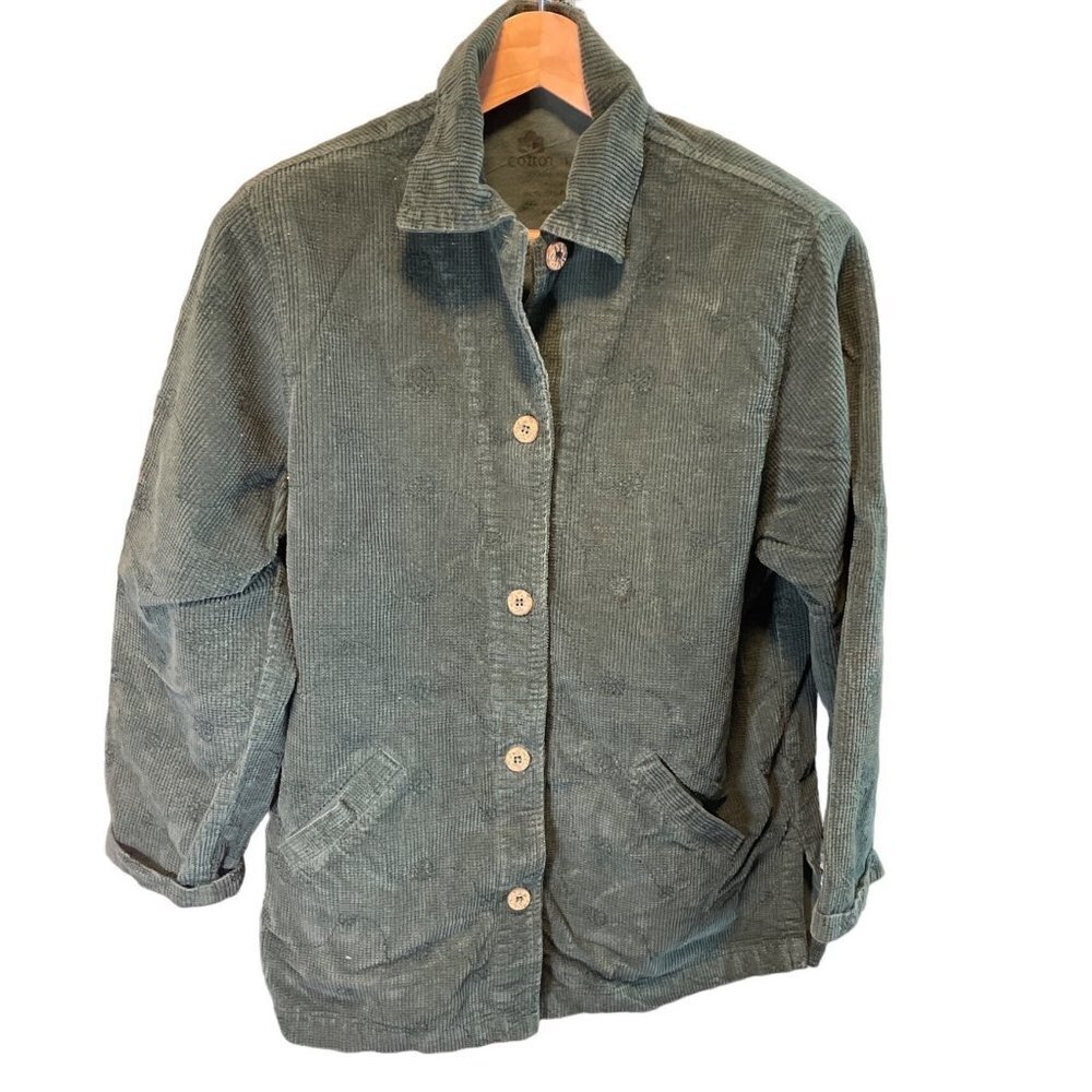 Vintage 90s Dark Green Cotton Long Sleeve Button Down Shacket Jacket Sz S